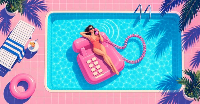 Illustration vaporwave : une femme en maillot allongée sur une bouée en forme de téléphone rose géant dans une piscine, le combiné à l’oreille.